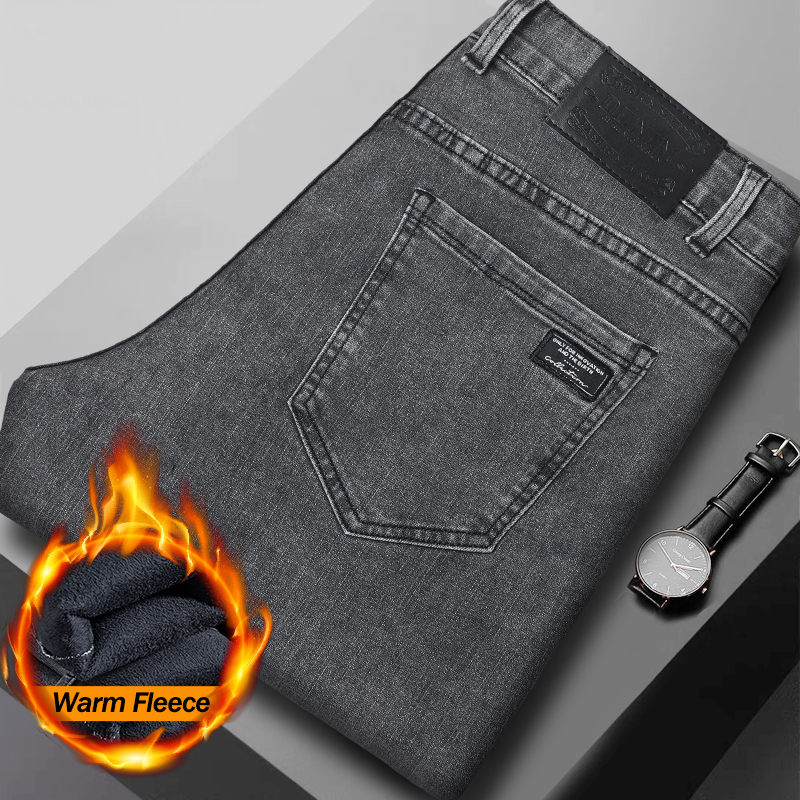 Men'S Fashion Grey Jeans - Мужские зимние джинсы из флиса, теплые,